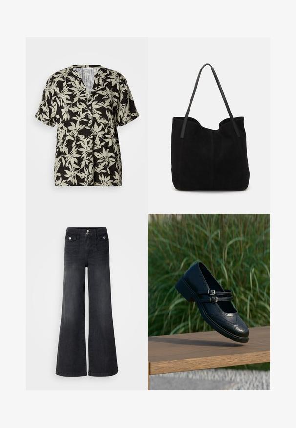 Chemise à manches courtes noire avec un motif floral vert clair, décolleté en V et détail de boutons. Fabriquée en tissu doux avec une coupe décontractée.; Jean large en denim noir avec taille haute, boutons sur le devant et deux poches avant ; texture lisse avec une légère finition décolorée.; Chaussure Mary Jane en cuir noir avec doubles brides bouclées et détails brogue, flottant au-dessus d'un banc en bois avec en arrière-plan de l'herbe verte.; Sac fourre-tout en suède noir avec deux longues anses en cuir plates. Présente un bord supérieur incurvé et des coutures visibles sur le devant. Pas d'accents en métal.