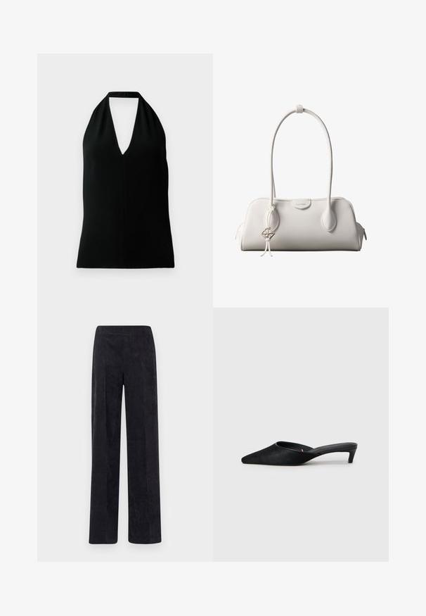 Top sin mangas negro tipo halter con un escote en V profundo y tirante trasero, exhibido sobre un fondo blanco.; Pantalones de pana en gris oscuro con un diseño de pierna recta, que cuentan con una superficie texturada estriada y una cinturilla elástica para mayor comodidad.; Mules de ante negro con puntera afilada y tacón bajo. Presentan una textura suave y una parte trasera abierta para facilitar su uso. Diseño sencillo sin patrones.; Bolso de hombro blanco de Calvin Klein con asas largas, forma rectangular, cierre de cremallera y charm decorativo con el logo colgando cerca del asa.