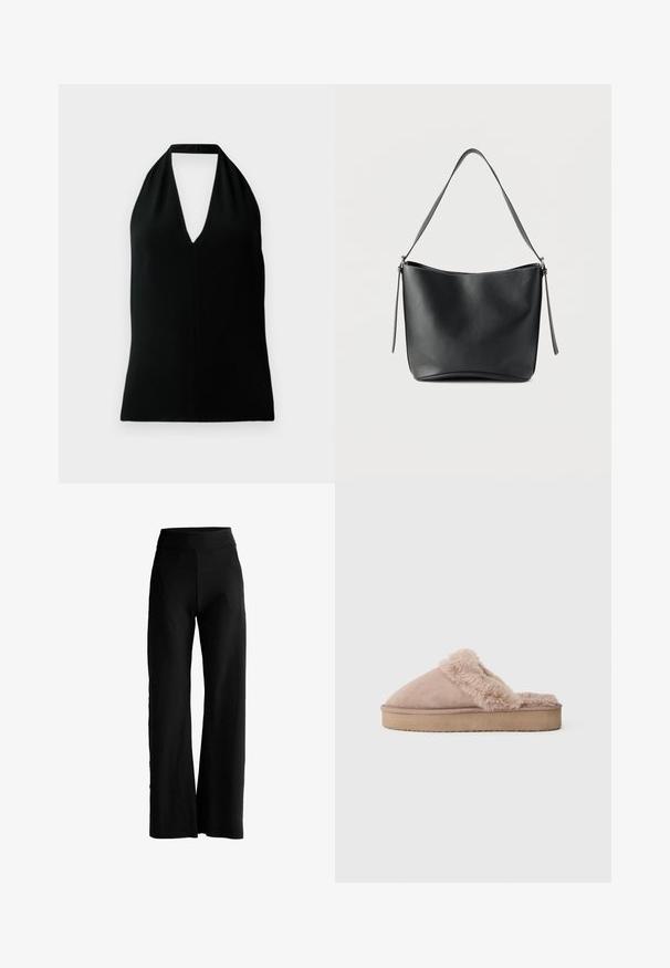 Top sin mangas negro tipo halter con un escote en V profundo y tirante trasero, exhibido sobre un fondo blanco.; Pantalones negros de pierna ancha con una cintura alta, sin bolsillos visibles ni adornos, exhibidos sobre un fondo blanco.; Zapatilla beige sin cordones con suela gruesa y forro de piel de peluche alrededor de la abertura, mostrada de perfil sobre un fondo liso.; Bolso de hombro de cuero negro con una sola correa ancha y herrajes plateados sutiles sobre un fondo blanco liso.
