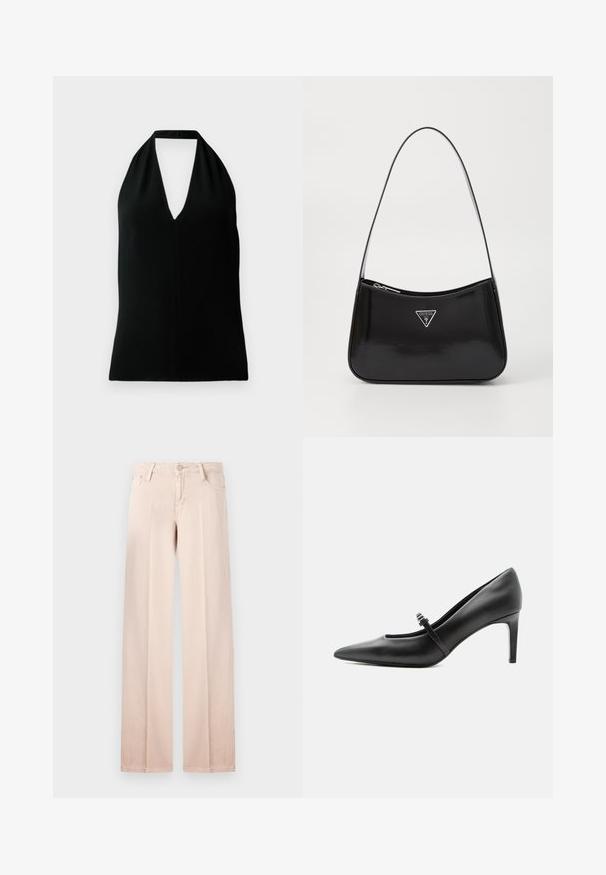 Schwarzes ärmelloses Halterneck-Top mit tiefem V-Ausschnitt und Rückenschnalle, auf einem weißen Hintergrund präsentiert.; Beige Weitbeinjeans aus einem glatten Baumwollgemisch, mit fünf Taschen, Gürtelschlaufen und einer Knopfschließe. Minimalistischer Stil und helle Farbe.; Schwarzer Leder-Pumps mit spitzer Zehenpartie, dünnem Riemen und Schnalle über dem Spann, stehend auf hellem neutralem Hintergrund.; Schwarze patentierte Leder-Schultertasche mit geschwungener Form, ausgestattet mit einem silbernen Dreieckslogo und einem Reißverschluss. Glatte Textur und schmaler Riemen.