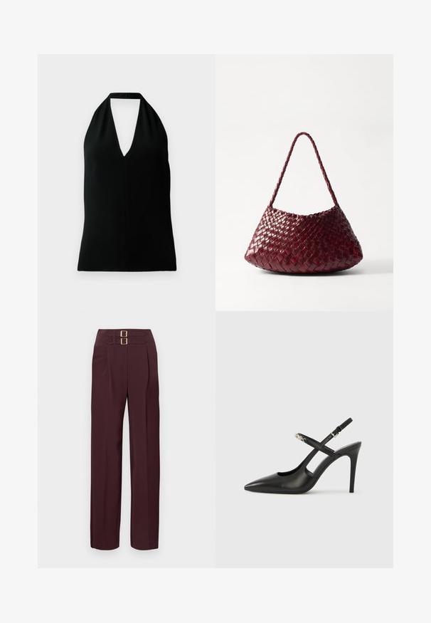 Top sin mangas negro tipo halter con un escote en V profundo y tirante trasero, exhibido sobre un fondo blanco.; Pantalones de tiro alto color burdeos oscuro con dos correas con hebilla dorada en la parte superior y corte recto en las piernas.; Tacones altos slingback de cuero negro con punta afilada, diseño con recortes y correa ajustable con herrajes metálicos.; DRAGON DIFFUSION ROSANNA - Bolso de mano - bordo