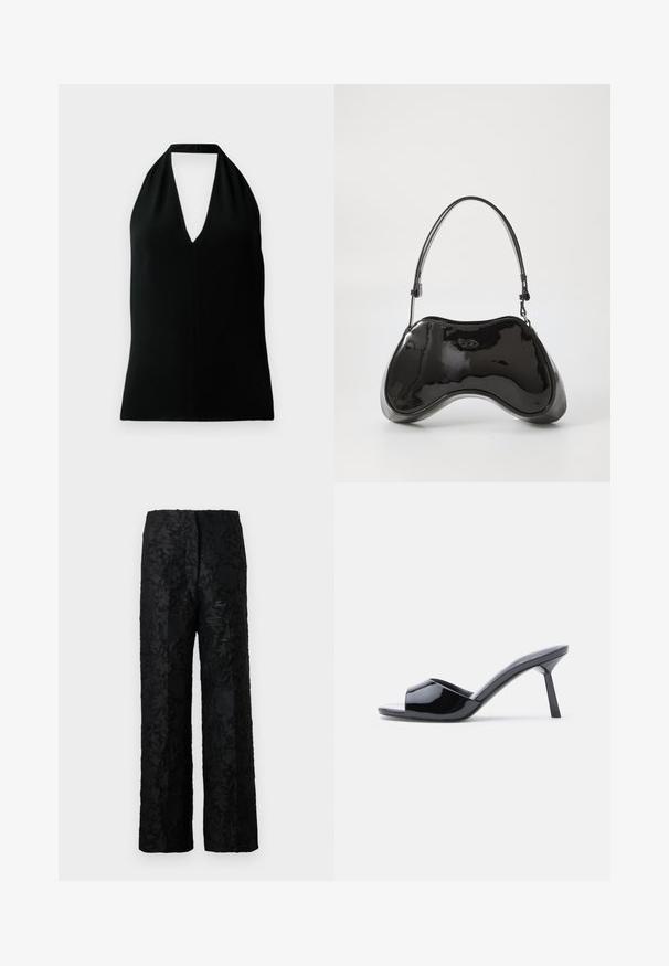 Schwarzes ärmelloses Halterneck-Top mit tiefem V-Ausschnitt und Rückenschnalle, auf einem weißen Hintergrund präsentiert.; Schwarze Hose mit strukturiertem Blumenmuster, aus weichem Material, mit weiter, lockerer Beinform und hoher Taille.; Schwarze Sandalen mit Absatz aus Lackleder, offenem Zehenbereich, mit geschwungenem Obermaterial und spitz zulaufendem Stilettoabsatz. Glatte, glänzende Oberfläche.; Schwarze Handtasche aus lackiertem Leder mit einer einzigartigen, geschwungenen Form, kurzem verstellbarem Griff und einem Reißverschluss oben. Glatte Textur mit dezentem Branding.
