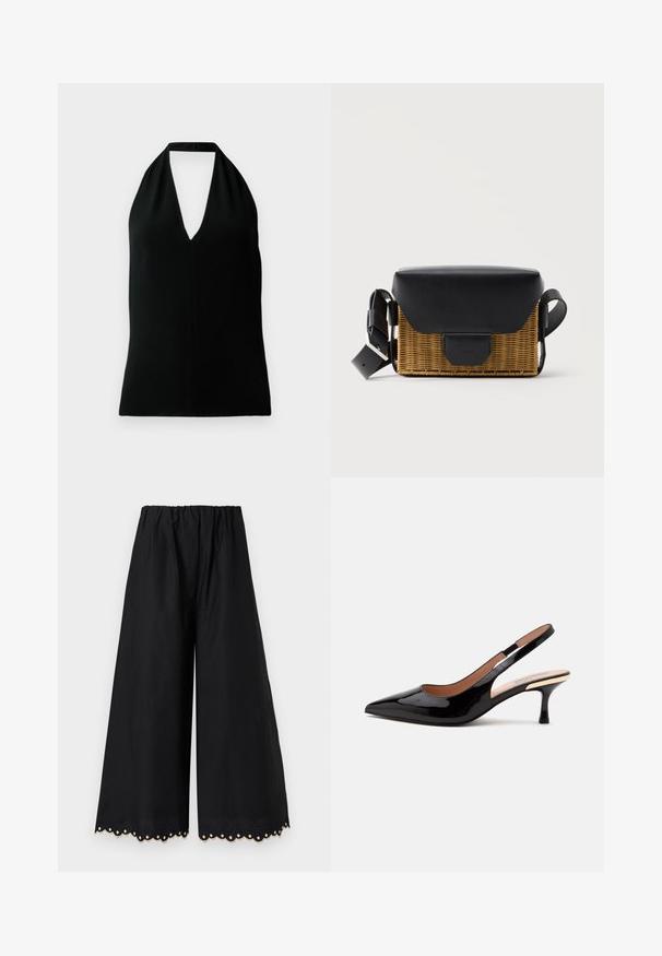 Top sin mangas negro tipo halter con un escote en V profundo y tirante trasero, exhibido sobre un fondo blanco.; Pantalones negros de pierna ancha con cintura elástica y dobladillo festoneado con detalles de cortes circulares.; Zapato de salón slingback de charol negro con punta afilada y tacón bajo tipo kitten sobre un fondo blanco liso.; Bolso bandolera rectangular de mimbre con solapa de cuero negro y correa ajustable, mostrado sobre un fondo liso y claro.