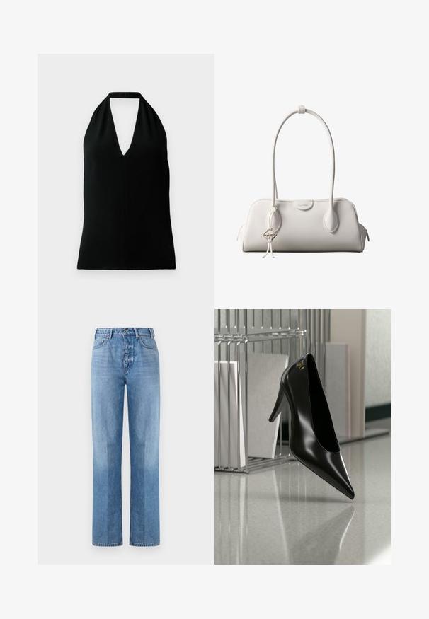 Top sin mangas negro tipo halter con un escote en V profundo y tirante trasero, exhibido sobre un fondo blanco.; Jeans de mezclilla azul claro con un diseño de pierna recta, que presentan una cintura alta, cinco bolsillos y costuras visibles. La textura es suave y clásica.; Zapato de tacón alto negro con punta afilada y logo dorado, colocado sobre una superficie reflectante cerca de un organizador de archivos de alambre cromado con documentos.; Bolso de hombro blanco de Calvin Klein con asas largas, forma rectangular, cierre de cremallera y charm decorativo con el logo colgando cerca del asa.