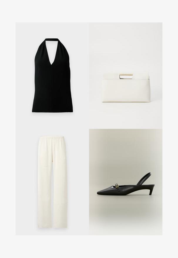 Sort ærmeløs halterneck top med dyb V-udskæring og rygrem, vist på en hvid baggrund.; Off-white, lige ben bukser med elastisk talje og uden synlige lommer eller pynt.; Sort læder slingback med kitten heel, spids tå og lille guldfarvet spænde på en ensfarvet baggrund.; Furla GIADA POUCH - Clutches - panna