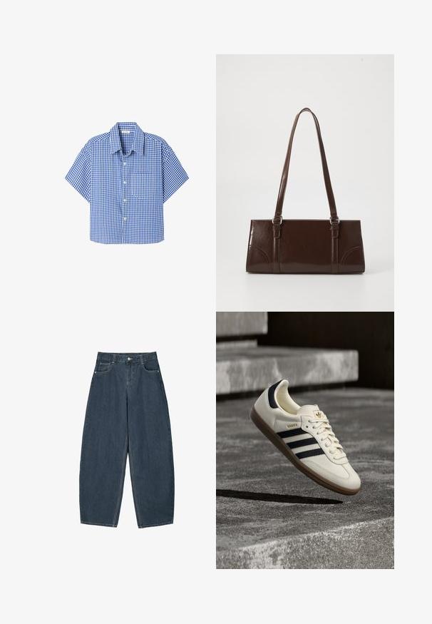 Chemise à manches courtes à carreaux bleu et blanc, boutonnée, avec col et poche poitrine.; Jeans en denim bleu foncé à jambes larges avec une taille haute, dotés de cinq poches et de détails de couture visibles. Design épuré et minimal.; Baskets blanches Adidas Samba avec des bandes noires et une semelle en gomme, flottant au-dessus de marches en béton gris texturé.; Sac à main en cuir verni marron de forme rectangulaire, avec deux longues poignées et des accents courbés subtils à l'avant.