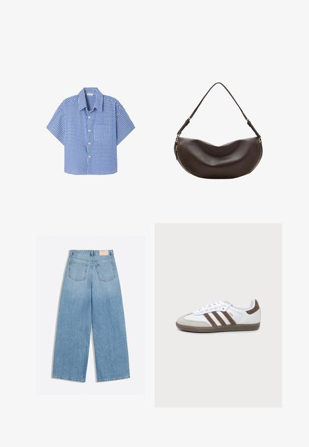 Chemise à manches courtes à carreaux bleu et blanc, boutonnée, avec col et poche poitrine.; Jean denim bleu clair à jambes larges avec deux poches arrière et une petite étiquette de marque beige sur la ceinture.; Basket Adidas Samba blanche et marron avec trois bandes marron, lacets et semelle texturée, vue de côté sur fond uni.; Sac à bandoulière en cuir marron foncé avec une forme courbée, une sangle réglable et une fermeture éclair dorée le long du bord inférieur.