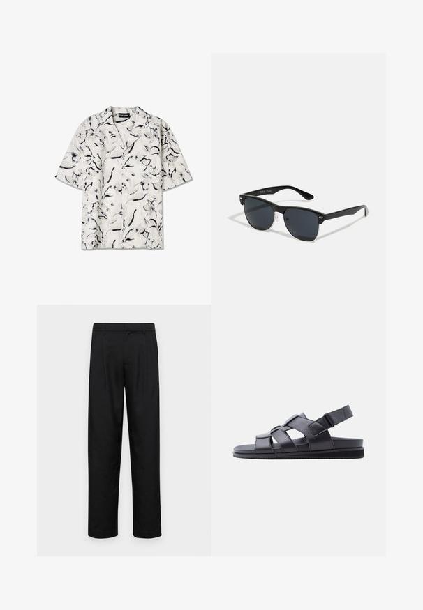 Camisa de manga corta y cuello abierto con una base blanca y patrones florales en negro y gris. Tejido ligero con detalles de botones.; Pantalones negros de tela suave, con un diseño de pierna recta, dos pliegues frontales y una cintura estándar con trabillas para el cinturón.; Sandalia de cuero negro con suela plana, correas ajustables sobre el pie y alrededor del talón, y una zona delantera cerrada.; Gafas de sol negras con forma rectangular, lentes oscuros, detalles plateados en las patillas y un acabado mate en la montura.