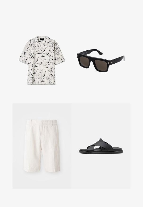 Korte mouw, open-kraag shirt met een witte basis en zwarte en grijze bloemenpatronen. Lichtgewicht stof met knoopdetails.; Linnen shorts in lichtbeige met een elastische tailleband, zijzakken en een rechte snit. Vlotte textuur met minimaal zichtbare stiksels.; Stuart Weitzman BERKLEY - Muiltjes - black; Zwarte vierkante zonnebril met donkere lenzen, featuring gouden accenten op de armen en een gladde kunststof textuur.