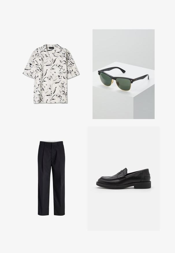 Korte mouw, open-kraag shirt met een witte basis en zwarte en grijze bloemenpatronen. Lichtgewicht stof met knoopdetails.; Zwarte broek met rechte pijpen, voorzien van een tailleband, riemlussen, een ritssluiting aan de voorkant en zijzakken, afgebeeld op een witte achtergrond.; Zwarte leren loafers met een ronde neus, ton-sur-ton stiksels en een banddetail aan de voorkant. Rubberen zool met een lage hak.; Ray-Ban zonnebrillen met groene lenzen, zwarte plastic monturen en gouden accenten aan de randen. Vierkante vorm met een matte afwerking.