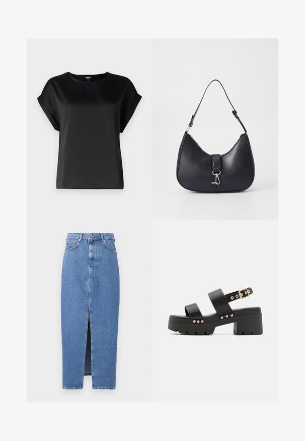 Top negro de manga corta hecho de tela suave, con escote redondo y detalles de mangas enrolladas. Diseño sencillo sin patrones ni accesorios.; Falda midi de mezclilla azul claro con una abertura frontal, diseño clásico de cinco bolsillos y cierre con botón en la parte superior. La tela tiene una ligera textura.; Call it Spring NOVALIE - Sandalias con plataforma - black; Pieces PCLIKA SHOULDER BAG - Bolso de mano - black