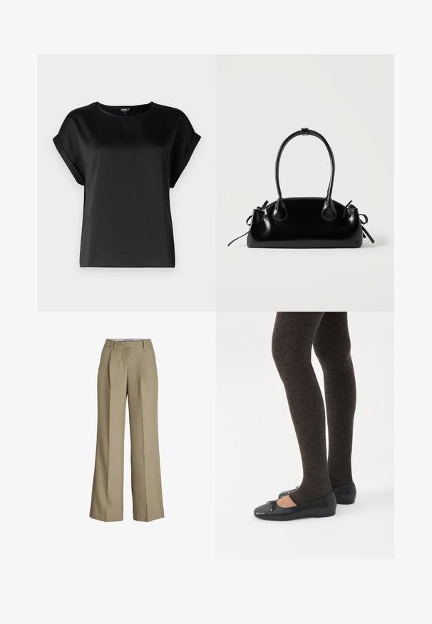 Top negro de manga corta hecho de tela suave, con escote redondo y detalles de mangas enrolladas. Diseño sencillo sin patrones ni accesorios.; Pantalones de pierna ancha beige con una cintura alta, pliegues frontales y una textura de tela suave. Diseño clásico con un acabado a medida.; Piernas con leggings oscuros acanalados combinados con bailarinas negras que presentan pequeños detalles de lazo sobre un fondo blanco.; Pequeño bolso negro brillante con dos asas largas y detalles de cordón lateral sobre un fondo claro liso.