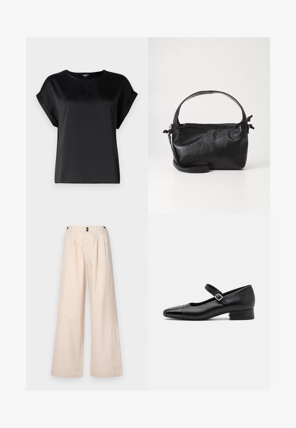 Haut noir à manches courtes en tissu lisse avec un col rond et des détails de manches retroussées. Design simple sans motifs ni accessoires.; Pantalons larges beiges en coton, avec une taille haute, deux plis à l'avant et deux boutons marron à la taille.; Chaussures Mary Jane en cuir noir avec un embout en vernis, une sangle cheville réglable et un petit talon carré. Texture lisse et design élégant.; Sac à main en cuir noir au design structuré, avec une poignée arrondie et une bandoulière amovible. Présente une texture lisse et un éclat subtil.