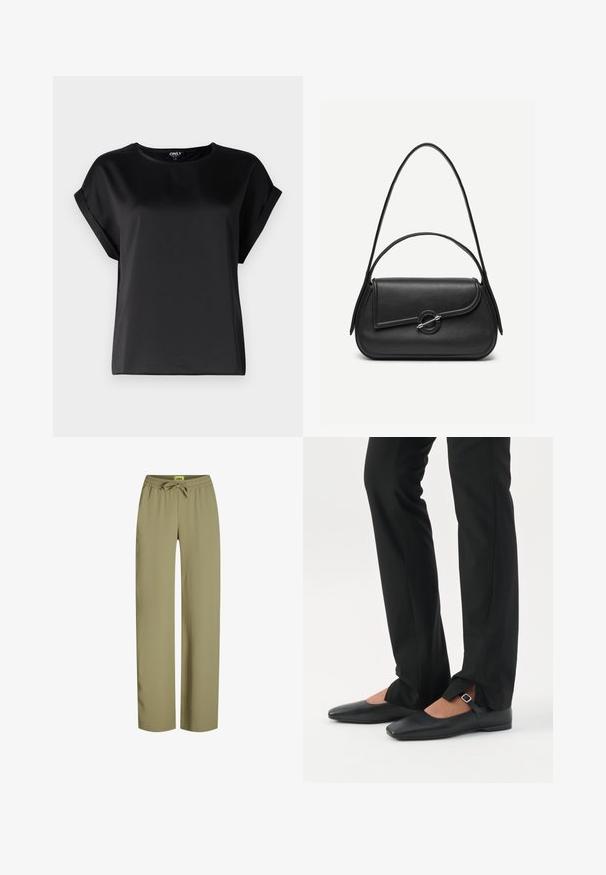 Top negro de manga corta hecho de tela suave, con escote redondo y detalles de mangas enrolladas. Diseño sencillo sin patrones ni accesorios.; Pantalones verdes, holgados, con una cintura elástica y cordón ajustable. Hechos de una tela suave, con piernas rectas y sin bolsillos visibles.; Piernas con pantalones ajustados negros con aberturas frontales en el dobladillo, combinados con zapatos planos Mary Jane negros con una pequeña correa con hebilla.; Bolso de cuero negro con bordes redondeados, solapa asimétrica, cierre circular de metal y correas de hombro cortas y largas.