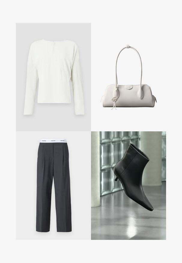 Haut à manches longues blanc avec un col rond et une fermeture éclair au dos. Présente une coupe décontractée et des détails de couture subtils, fabriqué à partir d'un tissu lisse.; Pantalons larges gris en tissu lisse, dotés de plis à l'avant et d'une ceinture blanche avec le logo Calvin Klein.; Bottine en cuir noir à bout pointu et petit talon kitten, présentée en angle devant un sol poli et un mur en blocs de verre.; Sac à bandoulière blanc Calvin Klein avec longues poignées, forme rectangulaire, fermeture éclair et charm logo décoratif suspendu près de la poignée.
