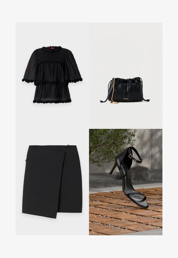 Blouse légère noire présentant un col rond, des manches courtes bouffantes et trois volants superposés ornés d'une bordure florale.; Jupe portefeuille noire avec une texture lisse, dotée d'une fermeture éclair sur le côté et de deux passants de ceinture. Design simple sans motifs ni accents visibles.; Sandale noire à talon haut avec sangle à la cheville, suspendue au-dessus d'un sol en carreaux de bois à l'extérieur, avec un arrière-plan flou de verdure et de pierre.; Sac à main en cuir noir plissé avec cordon de serrage, bandoulière chaîne dorée et petit accent horizontal doré sur le devant.