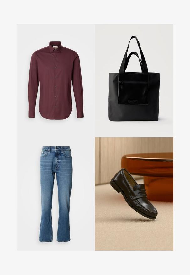 Calvin Klein SLIM - Skjorter - bordeaux; Lyseblå denim jeans med lige pasform og let flare. Har fem lommer, knaplukning og subtile slidte detaljer.; Skinnende sort læderloafer med remdetalje, placeret på beige tæppe nær et rundt brunt sofabord i et blødt oplyst rum.; Sort tote-taske med lynlåslomme foran og to håndtag, sat mod en ensfarvet lys baggrund.