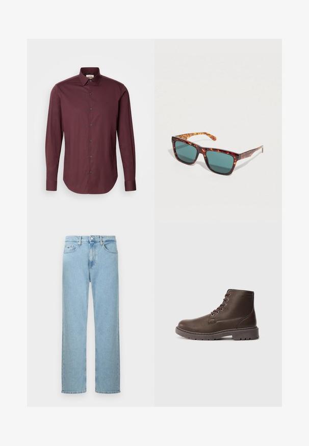 Calvin Klein SLIM - Πουκάμισο - bordeaux; Φωτεινό μπλε τζιν με ίσια ποδιά κατασκευασμένο από ντένιμ. Διαθέτει κανονική ζώνη μέσης, εμπρόσθιες τσέπες και ελαφρώς ξεθωριασμένη υφή.; Καφέ δερμάτινη μποτάκι με κορδόνια μέχρι τον αστράγαλο, με χοντρή ανθεκτική σόλα και μεταλλικά μάτια, πλαϊνή όψη σε απλό ανοιχτό γκρι φόντο.; Γυαλιά ηλίου με σκελετό σε σχέδιο χελώνας, τετράγωνου σχήματος, πράσινους φακούς και λεπτούς βραχίονες. Κατασκευή από ανθεκτικό πλαστικό.