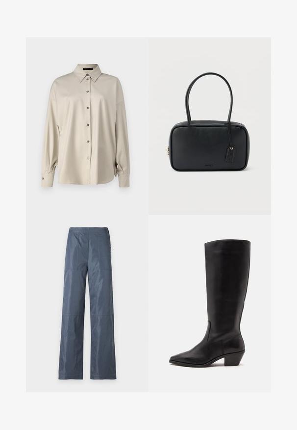 DRYKORN LYSILA - Chemisier - brown; Pantalons à jambes larges en gris foncé, en tissu lisse. Comprend deux poches avant et des détails cousus le long des coutures.; Botte en cuir noire mi-mollet avec un bout pointu et un talon bas incliné sur un fond clair uni.; Sac à main rectangulaire noir avec doubles poignées arrondies, fermeture éclair dorée et logo "HUGO" embossé sur le devant avec une étiquette en cuir attachée.