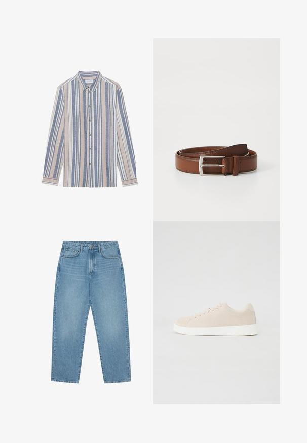 Chemise à manches longues avec un col, ornée de rayures verticales bleues, beiges et blanches. Fabriquée dans un tissu texturé, avec un col et des boutons en métal.; Jean en denim bleu clair avec une coupe droite, design cinq poches et une texture légèrement délavée. Dispose d'une fermeture à bouton et à glissière.; Baskets en daim beige avec semelles en caoutchouc blanc, bout rond et six œillets pour les lacets. Texture lisse avec un design minimaliste.; Ceinture en cuir brun au fini lisse, avec une boucle en métal argenté et une couture subtile le long des bords. Design classique et durable.