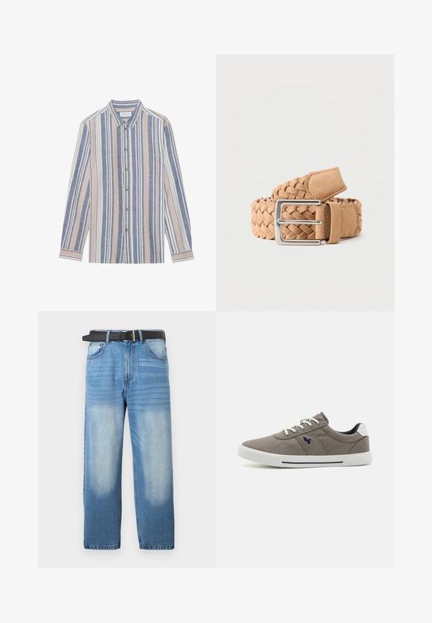 Chemise à manches longues avec un col, ornée de rayures verticales bleues, beiges et blanches. Fabriquée dans un tissu texturé, avec un col et des boutons en métal.; Jean en denim bleu clair avec une coupe droite, doté d'une ceinture noire, avec des zones décolorées et une texture diagonale subtile sur la partie supérieure.; Baskets en toile grises avec semelle en caoutchouc blanche, bout rond et accents bleu marine. Caractéristiques de lacets bicolores et d'un logo sur le côté.; Ceinture tressée en daim marron clair avec une boucle rectangulaire en métal argenté, roulée sur un fond uni clair.
