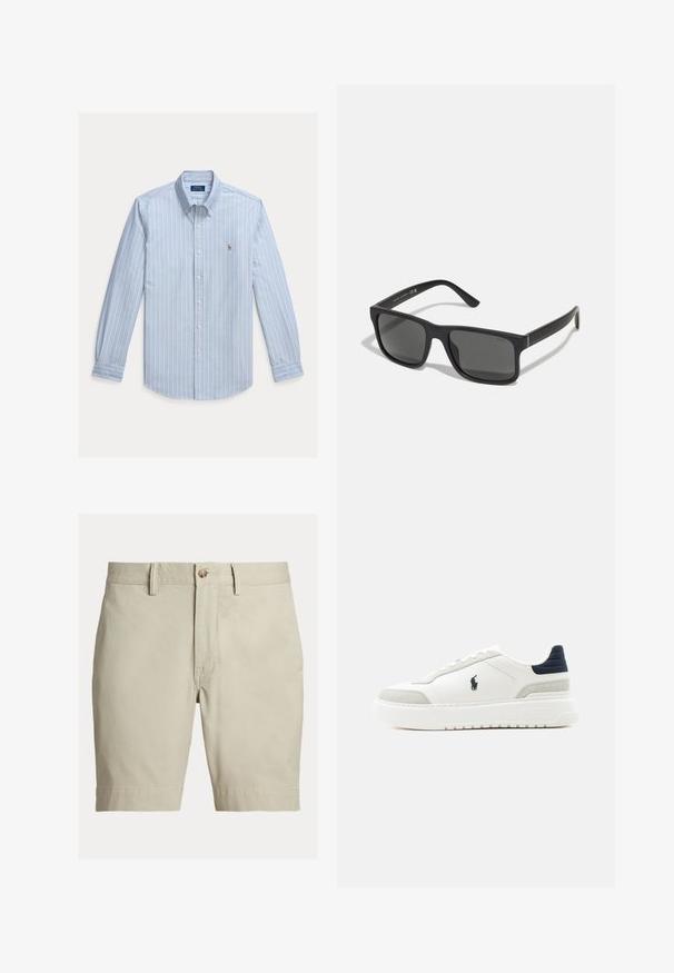 Hellblaues Langarm-Hemd mit weißen vertikalen Streifen und einem kleinen gestickten Polo Ralph Lauren Logo auf der Brust.; Beige knielange Shorts mit Gürtelschlaufen, Knopfverschluss und Reißverschluss, vor weißem Hintergrund dargestellt.; Weißer Sneaker mit niedrigem Schaft, schwarzem Fersenriemen, grauen Wildlederakzenten, dicker Sohle und schwarzem Polo-Logo an der Außenseite.; Schwarze rechteckige Sonnenbrille mit dunklen Gläsern und matter Oberfläche. Enthält das eingeprägte "POLO"-Logo an den Bügeln und ein robustes Rahmendesign.