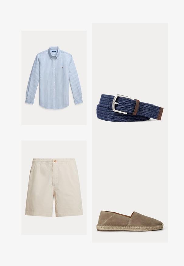 Hellblaues Langarm-Hemd mit weißen vertikalen Streifen und einem kleinen gestickten Polo Ralph Lauren Logo auf der Brust.; Helle beige Herrenshorts aus Baumwollmischung, mit einem elastischen Bund, einem Knopfverschluss und einem einzelnen Logo nahe dem Saum.; Beiger Wildleder-Espadrilleschuh mit geflochtener Jutesohle und geschlossenem, abgerundetem Zehenbereich, seitlich auf neutralem Hintergrund gezeigt.; Marineblauer geflochtener Stoffgürtel mit silberner Schnalle und braunen Lederdetails an Schlaufe und Spitze, zusammengerollt auf hellem grauem Hintergrund.