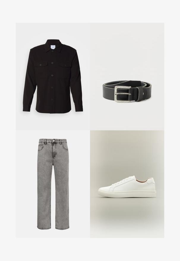 Sort skjorte med lange ærmer, knaplukning foran, to brystlommer og en struktureret krave. Fremstillet af et ensartet stof med en glat tekstur.; Grå denim jeans med lige ben, for-lynlås og knap, for- og baglommer samt synlige sømme.; Hvid lavt snøresko med snørelukning og flad sål, vist fra siden på en neutral baggrund.; Sort læderbælte med en sølvfarvet rektangulær spænde, der har en glat tekstur og kontrasterende lyse syninger langs kanterne.