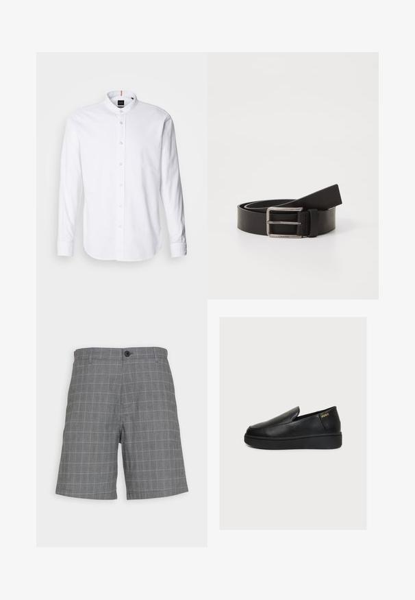 Camisa blanca de manga larga con cuello de banda, cierre de botones en el frente y dobladillo redondeado. Hecha de algodón, presenta una textura suave y un brillo sutil.; Selected SLHCOMFORT CONNOR CHECK - Shorts - grey; Zapato negro de plataforma de piel con diseño slip-on, suela gruesa y pequeño logo dorado "HUGO" cerca del talón sobre un fondo claro y liso.; Cinturón de cuero negro con acabado mate, que presenta una hebilla metálica rectangular y una correa que muestra el logo de Calvin Klein.