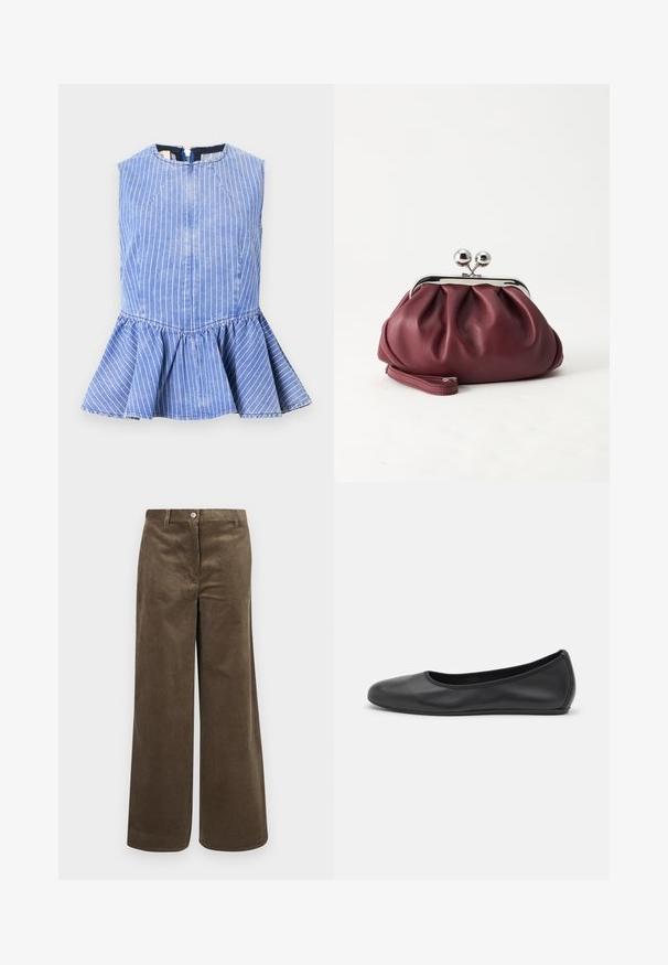 Haut en denim bleu sans manches avec des rayures verticales blanches et un ourlet évasé à basque, doté d'une fermeture éclair au dos.; Pantalons en velours côtelé marron à jambes larges avec des côtes verticales, dotés d'une fermeture à bouton à l'avant et d'une taille standard. Texture lisse, design décontracté.; Ballerines en cuir noir avec un bout rond, texture lisse, détails de couture minimalistes et design de semelle flexible.; Petit sac pochette en cuir bordeaux avec fermoir métallique argenté et bracelet sur fond blanc.