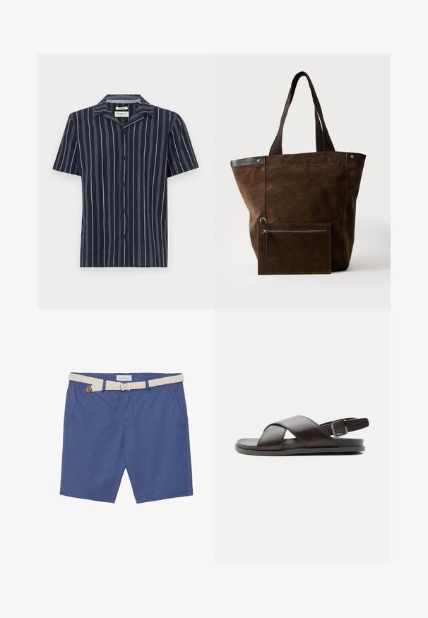 Camisa de manga corta de color navy con rayas verticales blancas, cuello con muesca y botones negros en el frente. Fabricada con un tejido ligero.; Pantalones cortos de algodón azul con un cinturón de crema tejido. Las características incluyen dos bolsillos laterales y un ajuste clásico con un diseño de pierna recta.; Sandalia de cuero marrón oscuro para hombre con tiras cruzadas y correa ajustable con hebilla en el talón sobre suela plana, mostrada de perfil.; Bolso tote de ante marrón oscuro con asas negras y un neceser rectangular con cremallera a juego unido en la parte frontal.