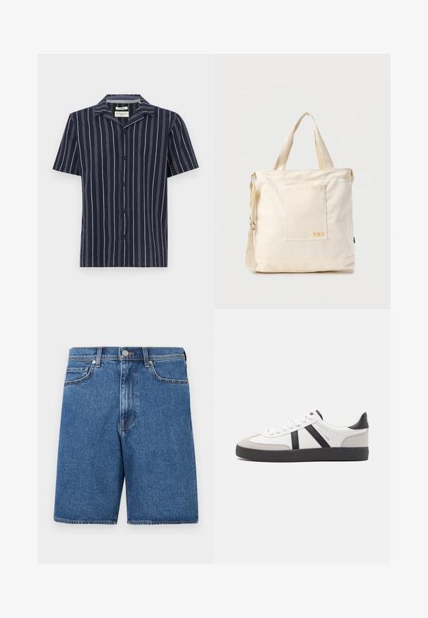 Camisa de manga corta de color navy con rayas verticales blancas, cuello con muesca y botones negros en el frente. Fabricada con un tejido ligero.; Pantalones cortos de mezclilla en un tono azul medio, con un diseño clásico de cinco bolsillos, detalles de costura y una silueta de corte recto.; Zapatilla blanca con acentos en negro y gris, que presenta una puntera texturizada en gris, suela de goma negra y cordones planos blancos. Diseño limpio, estilo minimalista.; Bolsa tote de lona color crema con bolsillo delantero, dos asas, correa de hombro ajustable y pequeño texto amarillo "O.N.S" en la parte inferior derecha del bolsillo.