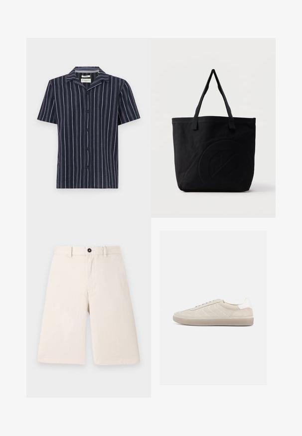 Marineblaues Kurzarmhemd mit vertikalen weißen Streifen, einem abgestuften Kragen und schwarzen Knöpfen auf der Vorderseite. Hergestellt aus leichtem Stoff.; Beige Baumwollshorts mit geradem Schnitt, ausgestattet mit einem Knopfverschluss und Gürtelschlaufen. Glatte Textur ohne Muster oder Akzente.; Beiger Wildleder-Sneaker mit strukturiertem Obermaterial, glattem weißen Fersenbereich, dünnen Schnürsenkeln und Gummisohle. Verfügt über ein flaches Design.; Schwarze Canvas-Shopper-Tasche mit zwei Schulterriemen und einem dezenten, eingeprägten kreisförmigen Design auf der Vorderseite.