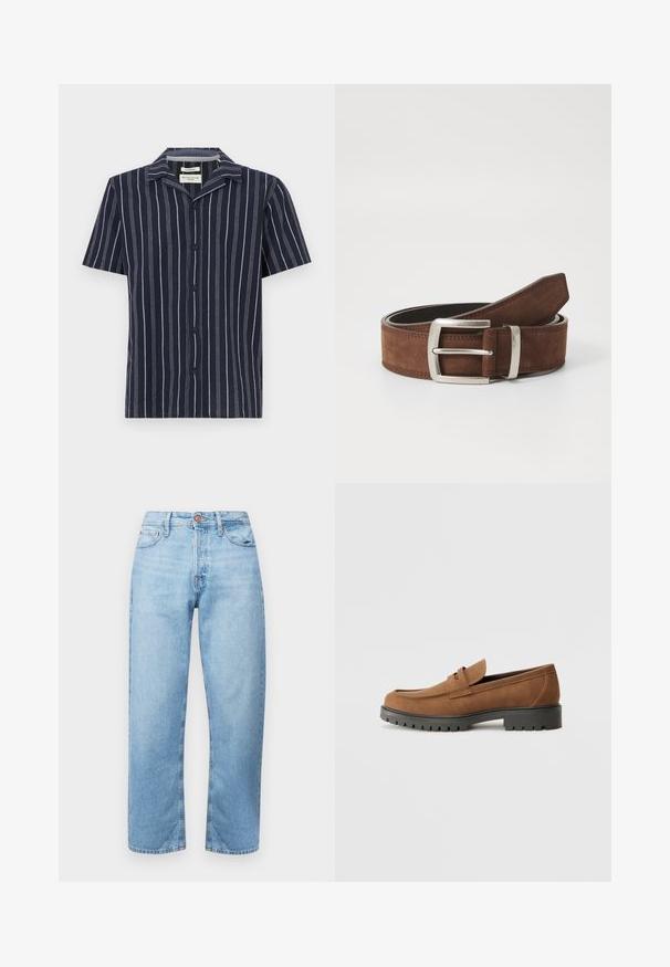Chemise marine à manches courtes avec des rayures blanches verticales, un col en V et des boutons noirs à l'avant. Fabriquée en tissu léger.; Jean en denim bleu clair avec une coupe droite, design cinq poches et fermeture à bouton. Texture lisse et décoloration minimale avec des accents cousus.; Mocassins en daim marron avec un bout arrondi et une semelle noire en caoutchouc basse, présentant une sangle décorative et des détails de couture sur le dessus.; Ceinture en suède marron avec une boucle en métal argenté et des détails de coutures linéaires. La ceinture est plate et a une largeur et une forme classiques.