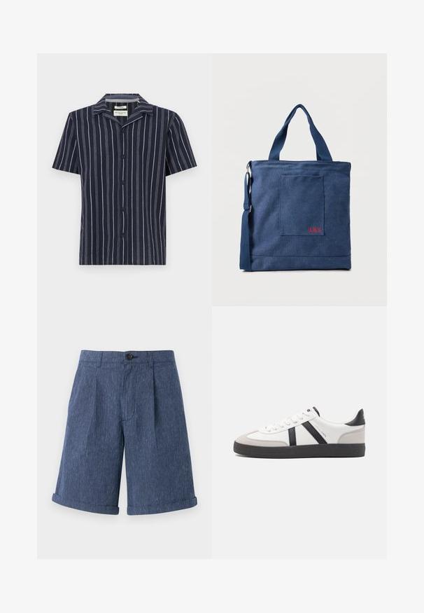 Chemise marine à manches courtes avec des rayures blanches verticales, un col en V et des boutons noirs à l'avant. Fabriquée en tissu léger.; Shorts bleus texturés avec un motif rayé subtil, dotés d'une fermeture à bouton unique et de ourlets roulés.; Baskets blanches avec des accents noirs et gris, présentant un embout texturé gris, une semelle en caoutchouc noir et des lacets plats blancs. Design épuré, style minimaliste.; Sac fourre-tout en toile bleue avec poche frontale et broderie rouge "O.N.S", doté de doubles poignées et d'une bandoulière réglable.