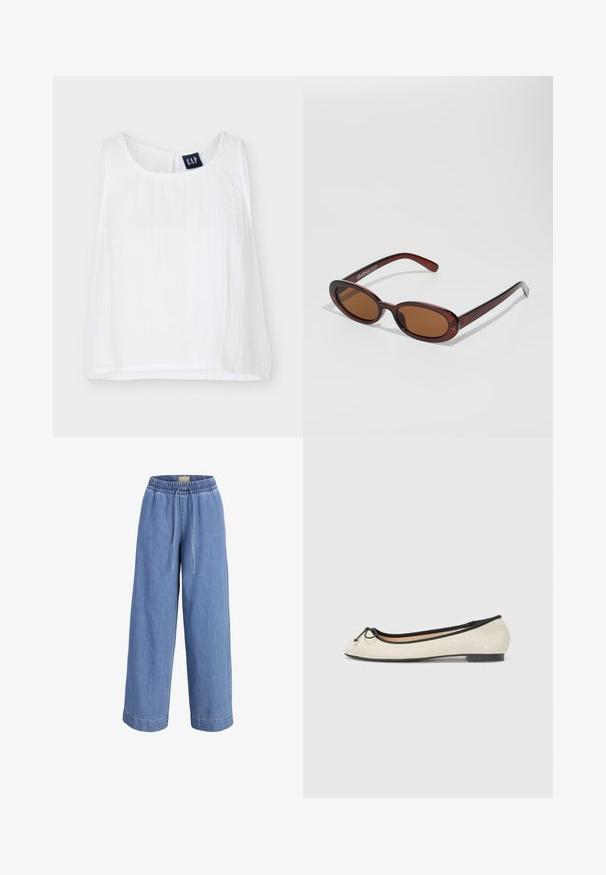 Top court blanc sans manches avec col rond et étiquette de marque GAP à l'intérieur du col au dos.; Pantalon en jean bleu clair à jambes larges avec ceinture élastique et fermeture à cordon à l'avant.; Ballerine en textile beige avec une bordure noire. Affiche un bout arrondi et un petit nœud en accent sur le devant. Semelle basse.; Lunettes de soleil rondes teinte brun avec une monture bordeaux brillante. Branches fines avec un détail de marque subtil. Design de verres plats.