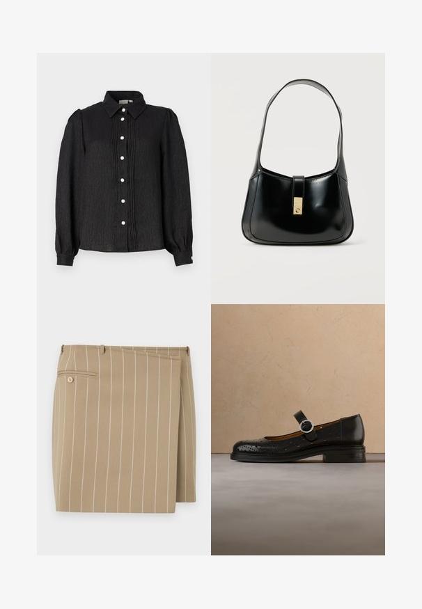 Camisa negra de botones con cuello, fabricada con un tejido texturizado, que presenta pliegues verticales y botones en forma de perlas en la parte delantera y acentos en los puños.; Falda beige con rayas blancas verticales, hecha de una tela texturizada. Presenta un solapa frontal y un bolsillo trasero con un detalle de botón.; Zapato Mary Jane de cuero rojo con patrones perforados y una hebilla plateada, mostrado en el aire sobre una superficie beige texturizada.; Bolso de mano de cuero negro brillante con una sola correa para el hombro y un cierre rectangular central en tono dorado sobre un fondo claro y liso.