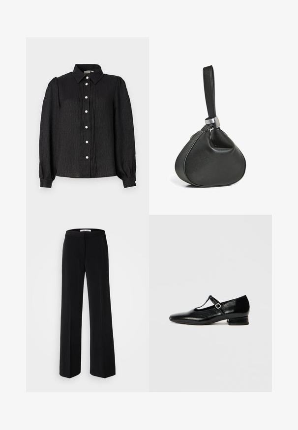 Camisa negra de botones con cuello, fabricada con un tejido texturizado, que presenta pliegues verticales y botones en forma de perlas en la parte delantera y acentos en los puños.; Pantalones anchos negros con una textura suave, que cuentan con una cinturilla ajustada y un diseño minimalista. Sin patrones ni acentos visibles.; Zapatos Mary Jane de cuero negro con punta puntiaguda, tacón pequeño de bloque y correa ajustable con hebilla plateada. Textura lisa y brillante.; Bolso de mano de cuero negro con forma triangular suave y una correa ancha sujeta por un anillo metálico plateado.