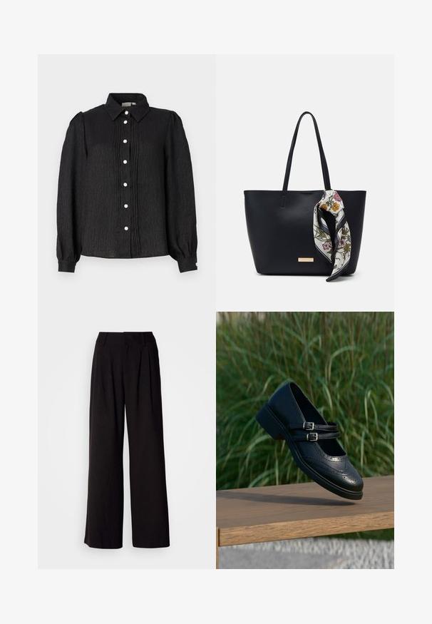 Camisa negra de botones con cuello, fabricada con un tejido texturizado, que presenta pliegues verticales y botones en forma de perlas en la parte delantera y acentos en los puños.; Pantalones de pierna ancha negros, confeccionados en una tela suave, con pliegues en la parte frontal, una cinturilla ajustada y sin patrones o acentos visibles.; Zapato Mary Jane negro de cuero con dobles correas con hebillas y detalles brogue, flotando sobre un banco de madera con fondo de césped verde.; Bolso de tote de cuero negro con dos asas, decorado con una bufanda de seda floral atada en el asa y un acento metálico con el logotipo en el frente.
