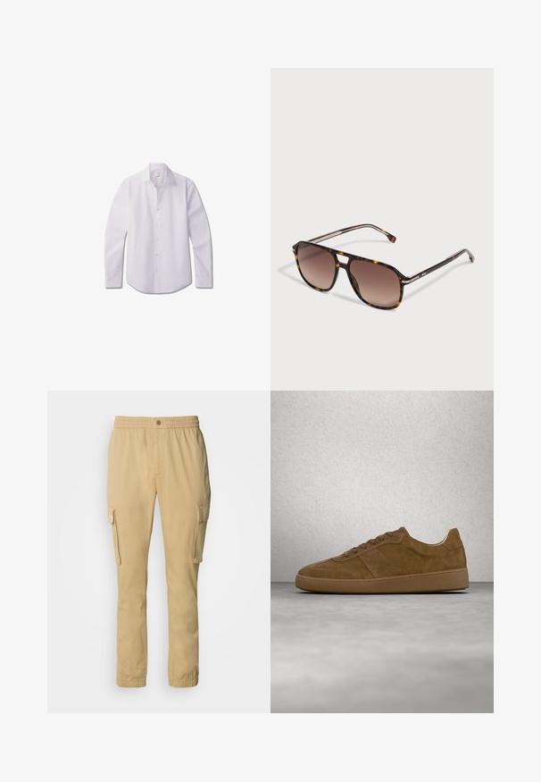 Hvid langærmet skjorte med knapper, lavet af glat stof, med klassisk krave, front med knapper og rundet kant.; Beige cargo bukser med elastisk talje, frontknap og sidelommer. Lavet af blødt, slidstærkt stof med en ensfarvet tekstur.; Brun ruskindsneaker med tanfarvede snørebånd og gummisål. Har en rundet snude og synlige stikninger på overdelen. Letvægtsdesign.; Pilot-solbriller med skildpaddemønster, brune gradientlinser og tynde stel, vist på en hvid overflade.