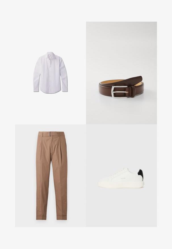 Hvid langærmet skjorte med knapper, lavet af glat stof, med klassisk krave, front med knapper og rundet kant.; Beige bukser med lige ben, plisseringer, bæltestropper, opsmøgede kanter og bælte med metalspænde på hvid baggrund.; Hvide lædersneakers med en sort accent på hælen, rund tå, flade snørebånd og en tyk hvid sål. Calvin Klein-logoet vises.; Brun læderbælte med en sølvmetalknap. Designet har en glat overflade og en klassisk form, med et lysere læderinteriør.