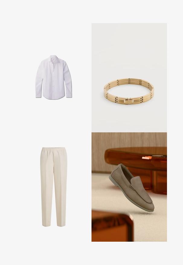 Hvid langærmet skjorte med knapper, lavet af glat stof, med klassisk krave, front med knapper og rundet kant.; Beige, lette bukser i stof med elastisk talje, lige ben og uden synlige lommer, der giver en glat tekstur.; Beige ruskind slip-on loafer med synlige syninger og lys sål, placeret over cremefarvet tæppe med orange gennemsigtigt møbel i baggrunden.; Guldtonet kædearmbånd med rektangulært plade indgraveret med "BOSS", hvilende på en enkel hvid overflade.