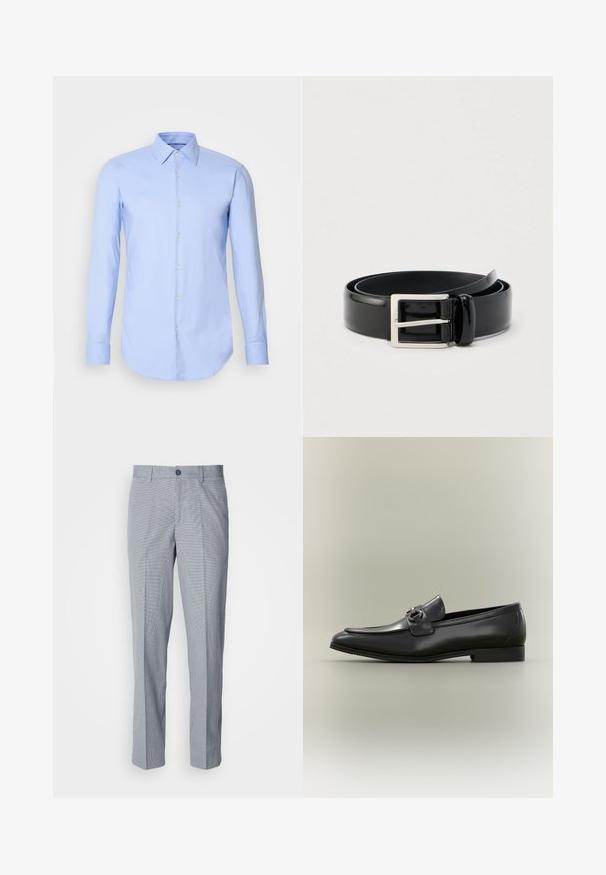 Camisa de manga larga azul claro hecha de algodón, con un frente de botones, cuello y dobladillo redondeado. Textura suave sin patrones.; Pantalones de vestir a cuadros grises, ajuste entallado, con una textura de tela suave, frente plano y cierre de un botón.; Mocasín de cuero negro para hombre con tacón bajo y detalle de hebilla metálica en la parte superior, mostrado de perfil sobre un fondo neutro.; Cinturón enrollado de cuero negro brillante con una hebilla metálica rectangular plateada sobre un fondo claro y liso.
