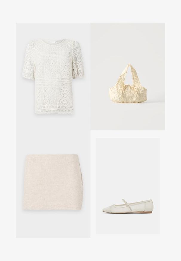 Haut blanc à manches courtes en dentelle avec des motifs floraux, présentant un col rond et un design en œillets texturé tout au long.; Jupe en lin beige au design minimaliste, présentant une texture lisse et un tissage subtil. Elle a une coupe droite et simple, sans fermetures visibles.; Chaussure plate ivoire à bout pointu avec bride ornée de perles et petit talon en bois, vue de côté sur un fond clair.; Sac à main en tissu texturé couleur crème avec des anses sur le dessus et un petit nœud noué au centre devant.