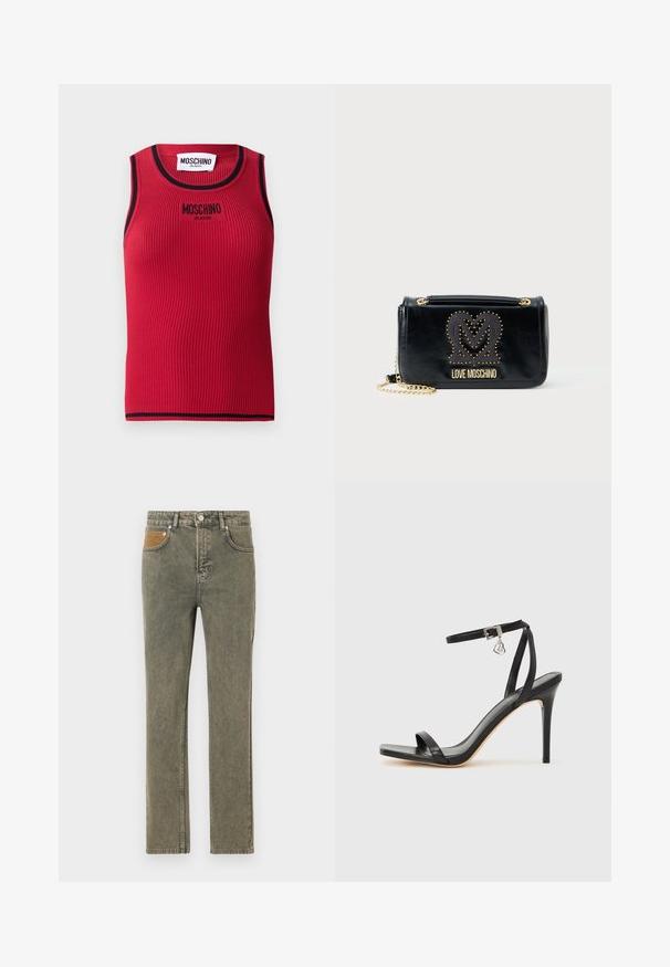 Rød ribbet tanktop med sort trim, der har et logo "MOSCHINO JEANS" broderet på forsiden. Ærmeløs design, tætsiddende silhuet.; Grønne denimjeans med lige ben, der har en brun corduroy-lomme som accent og subtilt slid på hele stoffet.; Sort hæl-sandal med smal ankrem, firkantet tå-boks, glat lædermateriale og metalspænde som pynt.; Sort syntetisk læder crossover taske med en kædetræk. Har en nittehjerte og "LOVE MOSCHINO" logo i guld. Firkantet form.