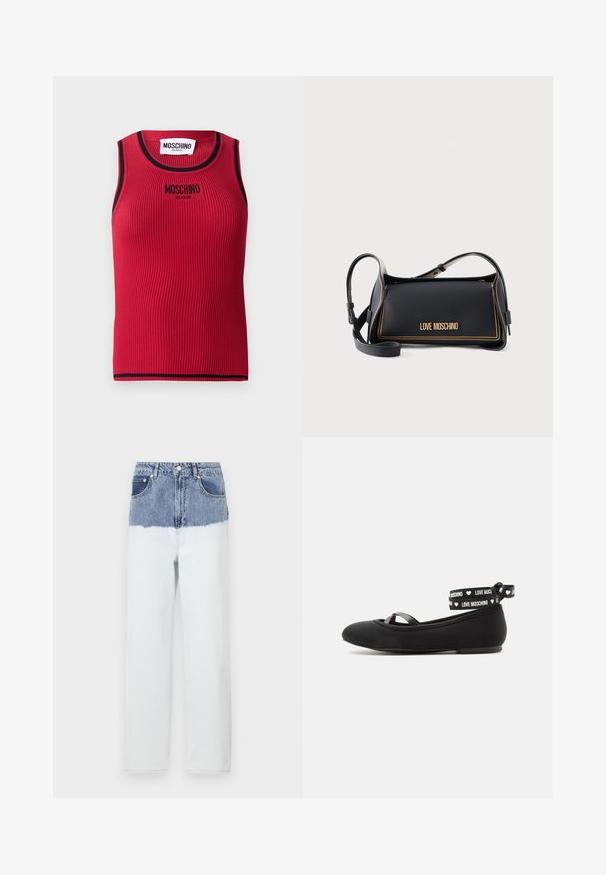 Rød ribbet tanktop med sort trim, der har et logo "MOSCHINO JEANS" broderet på forsiden. Ærmeløs design, tætsiddende silhuet.; Denimjeans med en blå øverste sektion, der falmer over i en lysere blå nederste sektion. Har fem lommer, en knaplukning og lige bendesign.; Sort flad balletsko med tynde krydsremme og ankelremme med hvid tekst og hjerte mønstre ""LOVE MOSCHINO"".; Sort rektangulær Love Moschino håndtaske med gyldne syninger og justerbar skulderrem på ensfarvet baggrund.