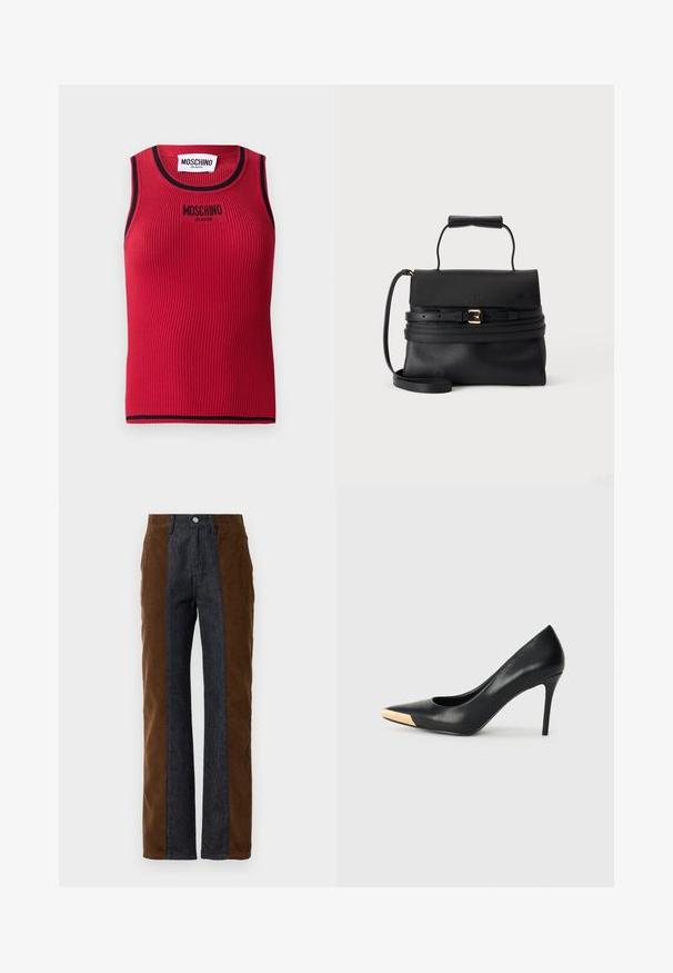 Débardeur côtelé rouge avec bords noirs, arborant un logo "MOSCHINO JEANS" brodé sur le devant. Design sans manches, silhouette cintrée.; Pantalons en velours côtelé et en denim avec des panneaux verticaux de couleur marron foncé et bleu marine, coupe droite et design standard à cinq poches.; Pompe à talon haut en cuir noir avec bout pointu ; présente une accentuation métallique dorée sur le capuchon. Surface lisse avec un design épuré.; Sac à main en cuir noir avec poignée supérieure, fermeture à rabat, ceinture décorative avec boucle dorée et bandoulière amovible sur fond blanc.