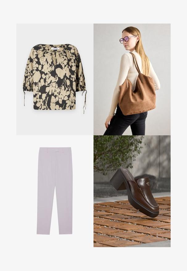 Blouse à fleurs noire et beige avec une coupe décontractée, un col rond et des manches bouffantes. Dotée de liens au niveau du col et de poignets élastiques.; Pantalons violet clair en tissu lisse, dotés d'une coupe ajustée, de passants de ceinture et d'une coupe droite.; Mule à talon en cuir marron Calvin Klein flottant au-dessus d'un sol en carrelage en bois avec en arrière-plan une plante verte et un mur flous.; Sac fourre-tout en daim marron avec une texture douce, grande ouverture et longues sangles. Présente un design simple avec des coutures visibles et sans matériel.