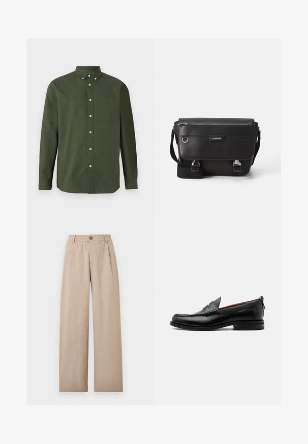Donkergroen button-up shirt met lange mouwen, kraag, een enkele borstzak en witte knoopaccenten; gemaakt van een lichte stof.; Beige wijde broek met een gestructureerde afwerking, voorzien van plooien en een elastische tailleband, die aan de voorkant met een bronzen knoop is vastgezet.; Zwarte leren herensloffen met moc toe stiksel, pennyriem, gestructureerde kraag en lage gestapelde hak op witte achtergrond.; Zwarte textuur Lacoste schoudertas met verstelbare strap, voormep flap, ritszak en metalen gesp-sluiting.