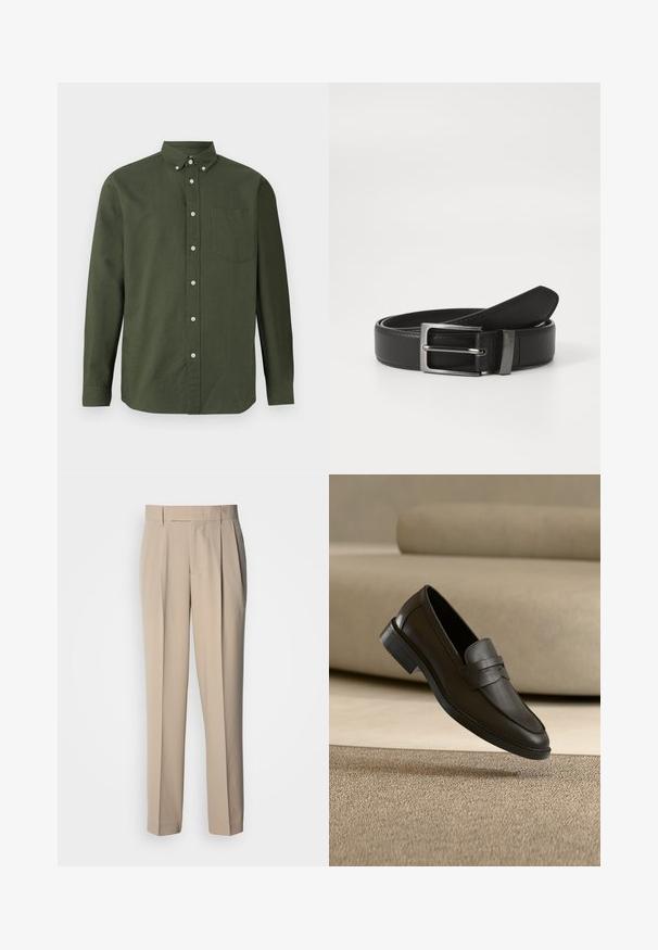 Camisa abotonada de color verde oscuro con mangas largas, cuello con solapas, un bolsillo en el pecho y acentos de botones blancos; hecha de una tela ligera.; Pantalones beige de talle alto con pliegues y corte recto, con una textura suave y sin adornos ni estampados visibles.; Zapato mocasín de cuero negro descansando sobre una alfombra beige con un sofá beige curvado en el fondo.; Cinturón de cuero negro con hebilla de metal plateada, que presenta un acabado suave y un diseño clásico. El cinturón está neatly doblado.